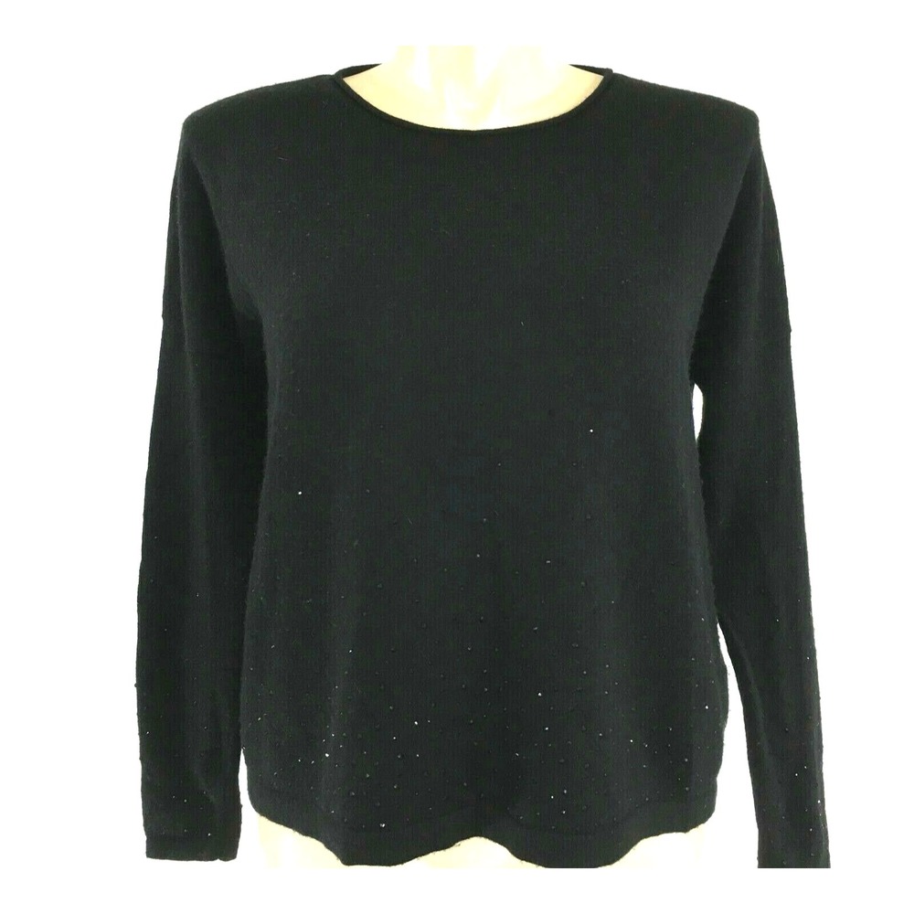 IN Cashmere Sweater MED Merino Wool Cashmere Black Bead Embellish Soft Top